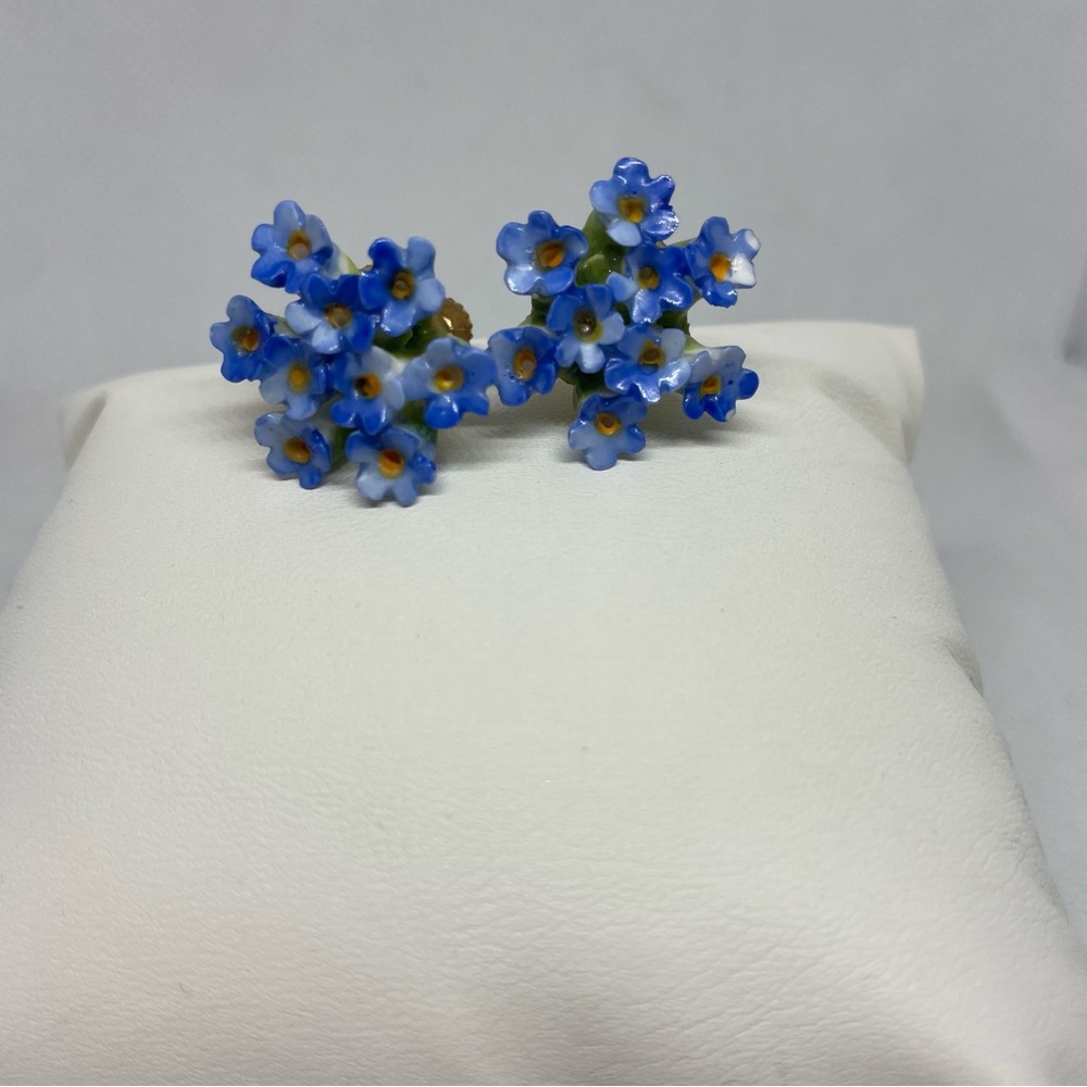 Vintage Denton England Bone China Cornflower Blue Hand Painted Earrings 1940s - Picture 3 of 6
